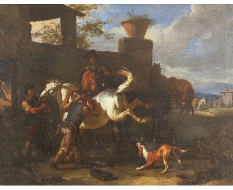 Circle of Pieter Van Bloemen (Flemish, 1657–1720),Figures calming a bucking horse spooked by a dog,Oil on canvas,Unsigned,36c