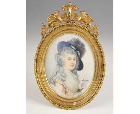 Follower of Pierre-Antoine Baudouin (French, 1723-1769),An oval portrait miniature depicting a lady in an ostrich plumed hat,