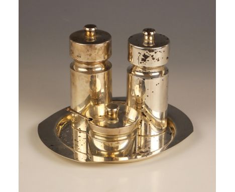 A silver condiment set, Albert Edward Jones, Birmingham 1997, comprising a plain polished circular tray with raised rim and h