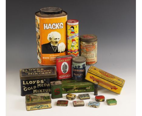 A collection of vintage tins, advertising, and gramophone needle cases, to include 'Malted, Slippery Elm Food', 'Lloyds Gold 