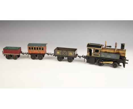 A live steam type locomotive, with a Japanned livery, 20cm long, along with three tin plate 'G.B.N' carriages, including an M