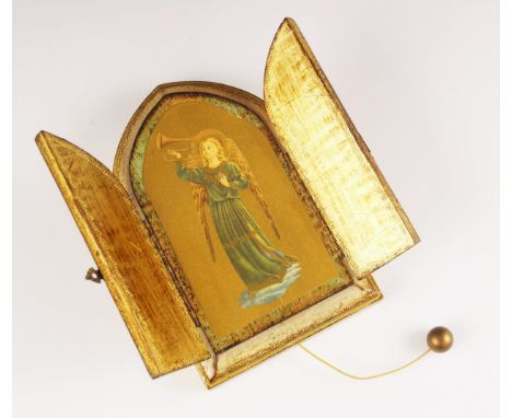 A Swiss music box by Reuge, modelled as a travelling icon with double doors, decorated with a trumpeting angel after Fra. Ang
