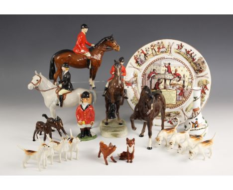 A group of Beswick hunting models, comprising: Huntswoman, model 1730 (style two) in grey gloss, designed by Arthur Greddingt