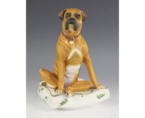 A limited edition Royal Worcester Boxer dog by Kenneth Potts, modelled seated on a cushion, numbered 31 of 250, printed marks