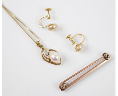 A yellow metal and ‘cultured pearl’ necklace, the openwork stylised pendant with applied cultured pearl, upon a box link yell