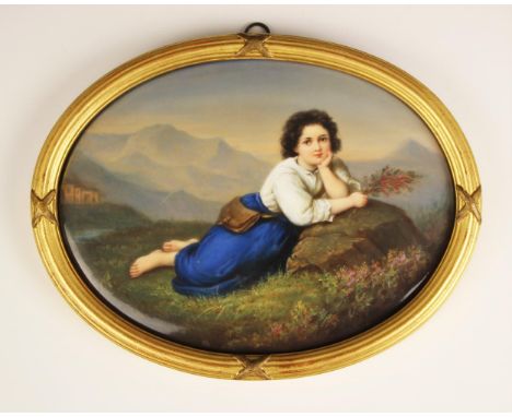 Continental school (19th century),A horizontal oval full length portrait of a barefoot young girl resting on a rock and holdi