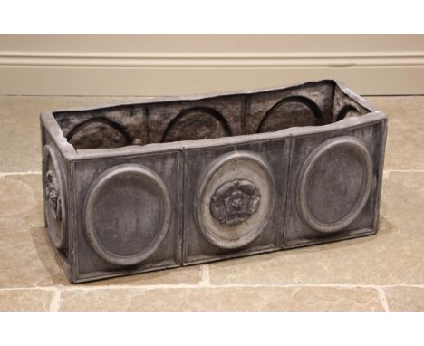 A lead planter trough, of rectangular form, cast in relief with oval panels punctuated with a Lancashire rose motif, 33cm H x