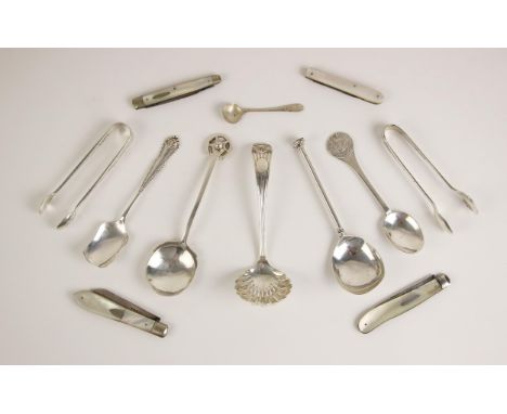 A selection of silver items, including an Edwardian silver sugar sifter, Thomas Bradbury &amp; Sons Ltd, the shell capped ter