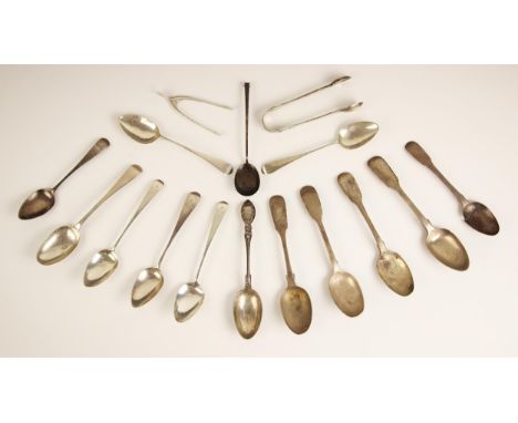 An assorted collection of silver flatware, to include a pair of 'wishbone' sugar nips Birmingham 1936, 8cm long, a pair of Ol