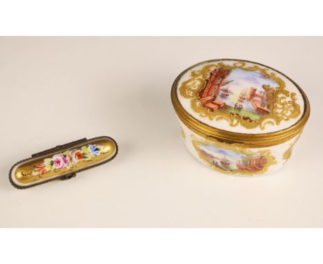 A porcelain oval box, 19th century, the hinged cover enamelled with a central harbour landscape and further landscape reserve