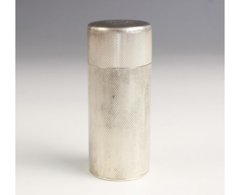 A George V silver travel shaving brush case, Mappin &amp; Webb Ltd, London 1932, the cylindrical case with engine turned deta