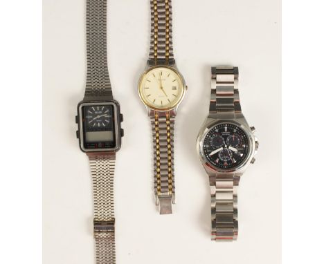 A selection of three gents wristwatches, including a Citizen Eco-Drive stainless steel watch, the black enamel dial with bato