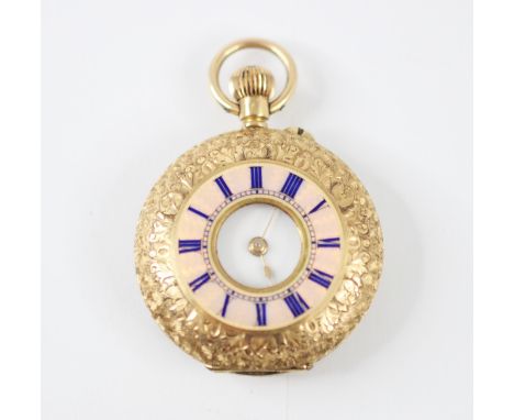 A yellow metal ladies half hunter pocket watch, the white enamel dial with Roman numerals, set to a florally engraved case wi