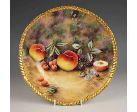 A Royal Worcester style cabinet plate, late 20th century, decorated in the manner of Worcester fallen fruits pattern, signed 