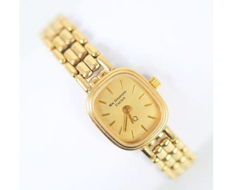 A 9ct yellow gold ladies ‘Wm Bruford’ quartz wristwatch, the cream-coloured rectangular dial with baton markers, set to a pla
