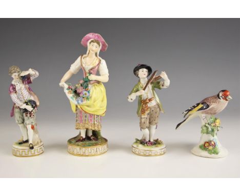 A near pair of German porcelain figures, late 19th century, one modelled as a figure gathering grapes, the other playing a vi