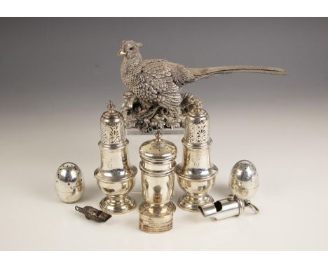 A selection of silver items, including a pair of George V miniature silver sugar casters, C S Harris & Sons Ltd, London 1916,