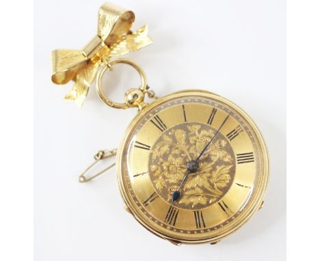 A Victorian 18ct yellow gold fob watch, the gilt dial with roman numerals upon engine turned decorated case and central flora