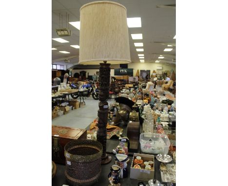 African Carved Wood Standard Lamp