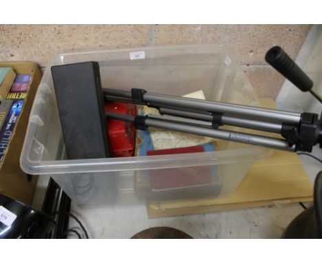 Box including fishing floats, tripod, GWR Jigsaw, map and Ullswater guide book