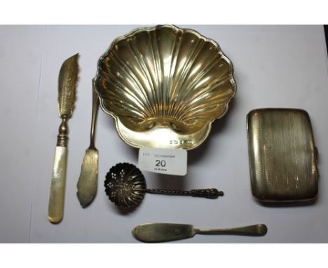 Quantity of silver including shell pin dish, cigarette case and charoot holder