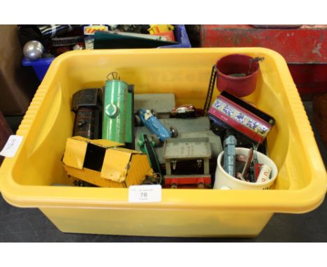 Box of vintage model cars, trains etc