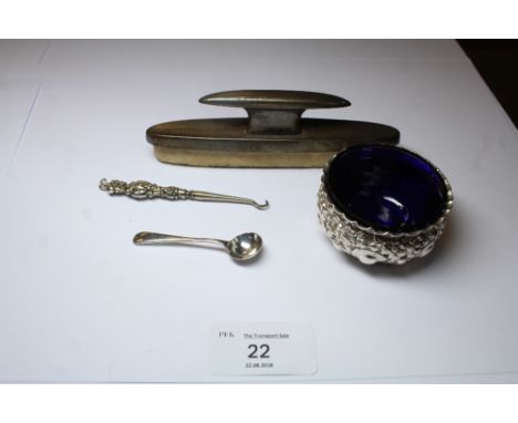 Silver salt, button hook and blotter