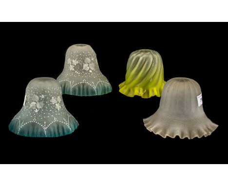 Four Victorian Gas Light Shades all with crinkly edges, two with painted enamel decorations. 