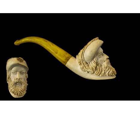 Antique Period - Nice Quality Meerschaum Pipe In the Form of a Well Carved Image of a Bearded Man's Head Wearing Hat with Fea