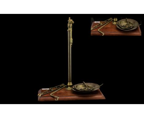 Victorian Brass Toffee Scales on Mahogany base, as used in the Victorian Grocer's shops.  Circa 1880/90s. 16" high, 14" lengt