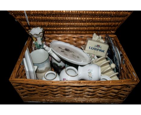 Basket of Porcelain Items to include: Minton jampot and spoon in 'York' design; Wedgwood 'Susie Cooper' design oval plate 'Gl