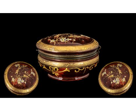 Ruby Red Glass, Round Lidded Trinket Box.  Decorated with coloured enamels depicting birds in branches. Circa 1930/40s.  6" d