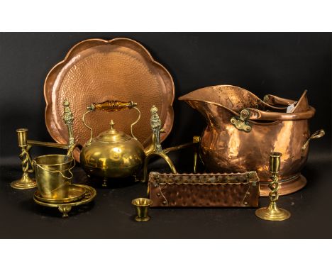 Collection of Brass &amp; Copper Items to include a large copper tray, a copper coal scuttle, a brass kettle and stand, a pai