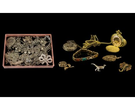 Collection of Vintage Costume Jewellery housed in a black jewellery box.  Comprising: A gilt watch on a chain; a metal watch 