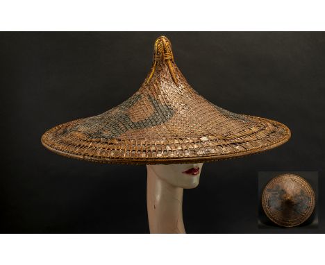 Chinese Antique Provincial Straw Hat, Painted to the Hat, Chinese Calligraphy. 24 Inches Diameter.