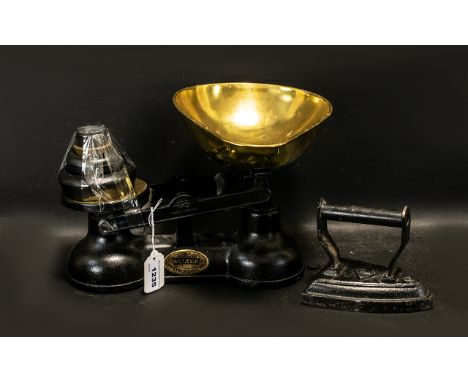 Vintage Salter Scales with Weights in good condition, with brass weighing pan.  Also includes a vintage flat iron. Please see
