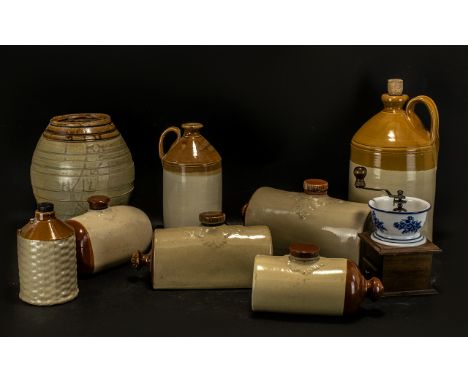 Box of Vintage Stoneware Items to include stone water bottles, stone cider jars with cork tops, a coffee grinder and other it