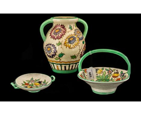 Bursley Ware Charlotte Rhead Two Handled Pot adapted into a lampstand, Together with a trinket dish and bon bon dish. Marked 