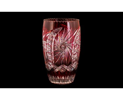 Bohemian Large and Impressive Ruby Overlay Deep Cut Lead Crystal Vase, Wonderful Design. c.1950's. Height 12 Inches - 30 cm. 