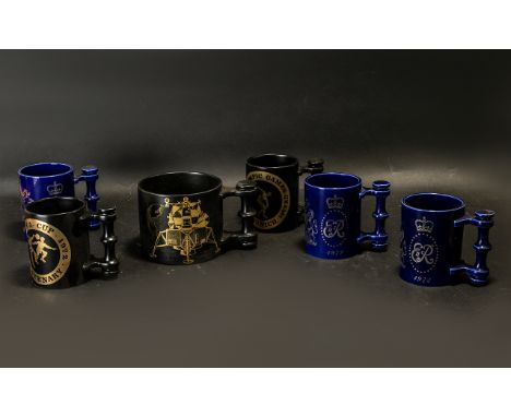 Portmerion Commemorative Mugs six in total, comprising: 3 x blue cobalt Silver Jubilee; 1 x black basalt/gold Olympic Games M