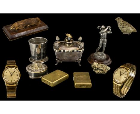 Mixed Lot of Collectibles &amp; Plated Ware, including two Zippo Lighters, travelling folding EPNS beaker, a plated golfer fi
