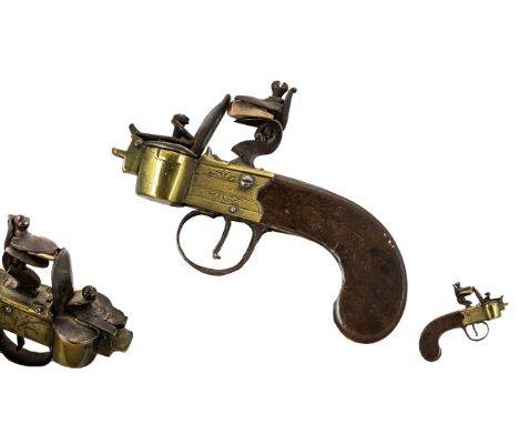 Flintlock Box Lock Tinder Lighter Walnut Stock With Brass And Steel Mounts, Lacking Barrel Stand, Length 5.5 Inches. Late 18t