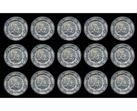 Staffordshire Antique Light Blue Glazed Transferware Plates printed with a romantic pattern.  Set of 17. Italian scenery seri