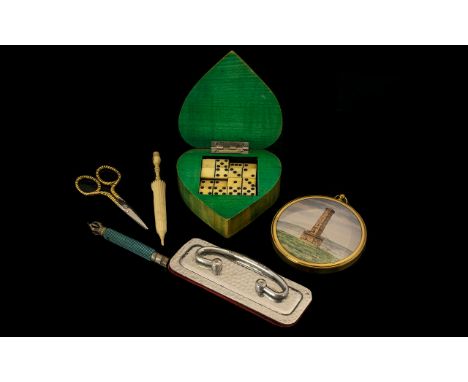 Collection of Vintage Items to include vintage set of miniature dominoes in heart shaped wooden box; vintage pair of nail sci