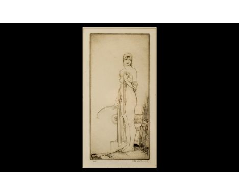 Russel Flint Etching Fine Impression of A Semi Clad Lady ( Ink Signed and Numbered XIII. Framed and glazed. Size 9 by 13 inch