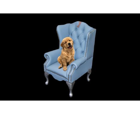 A Child's Queen Anne Style Miniature Leather Arm Chair British Made real leather - full hide in pastel blue. With silver lacq