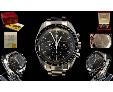 Omega Speedmaster Professional Stainless Steel  Wristwatch with manual wind movement, black dial, triple subsidiary dials, lu