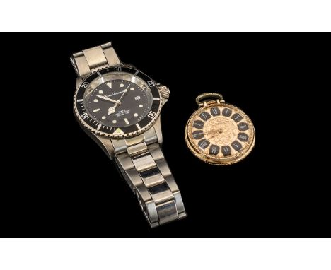 A Modern Gents Wristwatch, quartz movement, black bezel and with a stainless steel strap. Together with a ladies manual wind 