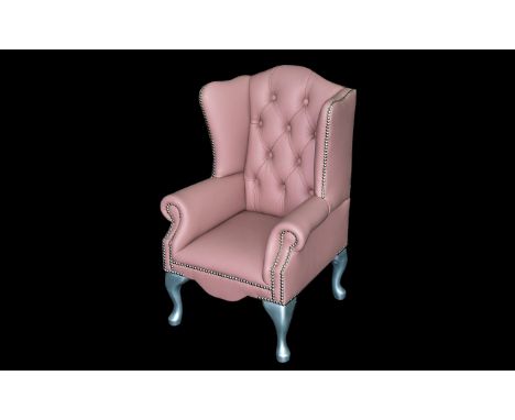 A Child's Queen Anne Style Miniature Leather Arm Chair British Made real leather - full hide in pastel Pink. With silver lacq