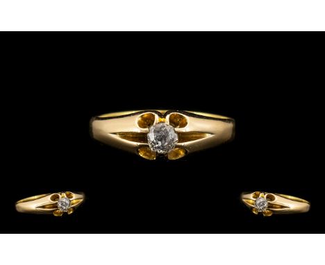 18ct Gold Single Stone Diamond Set Ring Gypsy Setting - marked 18ct, semi cushion cut. Est 0.15 pts. Ring size S-T. All aspec